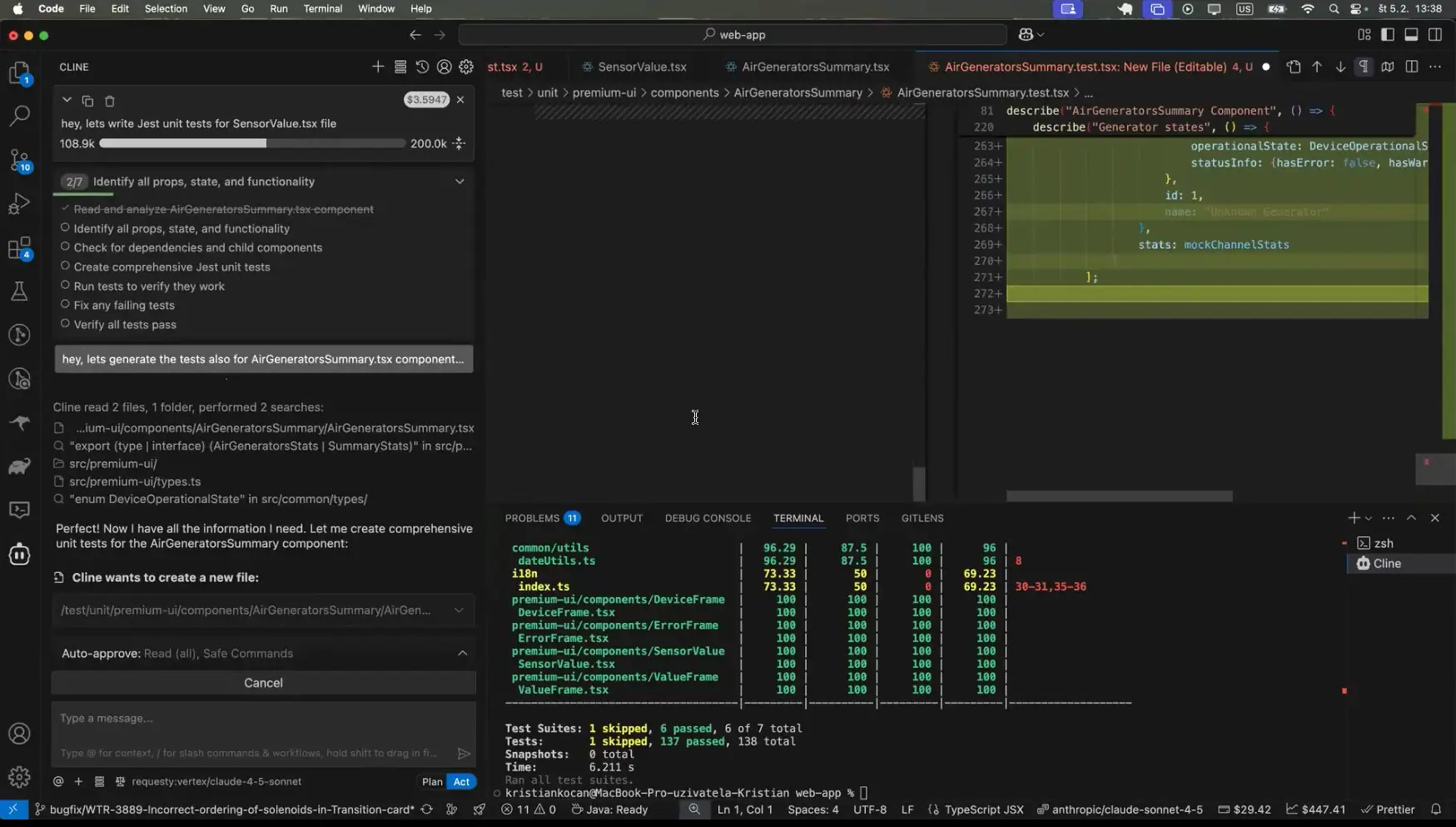 Cline — coverage table, Dev Diary 21, AI-generated unit tests